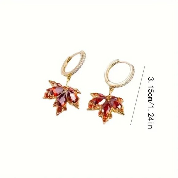 Earrings Maple Leaf Fall Harvest Dangle Leaves Gold Rhinestones Minimalist Glam - Picture 6 of 6